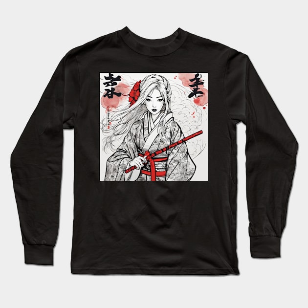 JAPANESE GIRL BLACK AND WHITE illustration art Long Sleeve T-Shirt by nonagobich